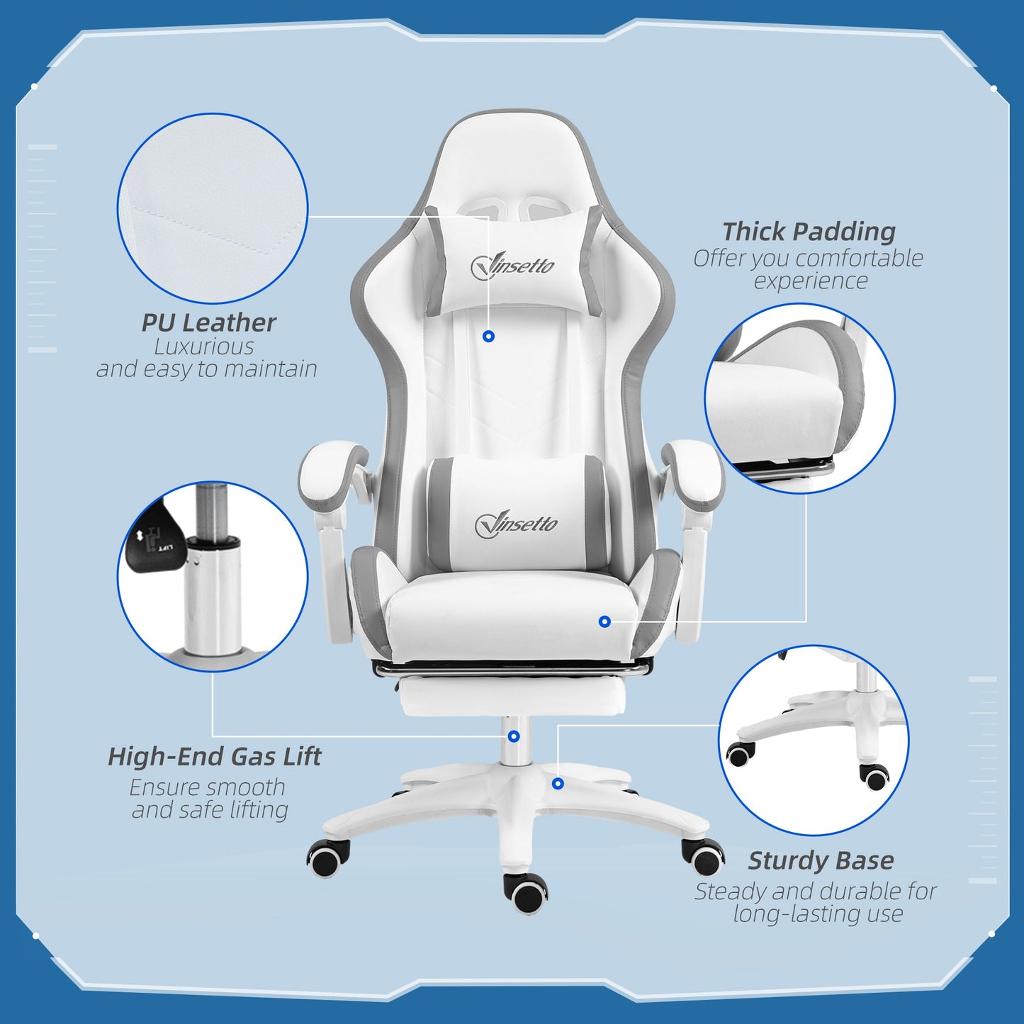 Vinsetto Racing Gaming Reclining PU Leather Computer Chair W/ 360 Degree Swivel Seat, Footrest, Removable Headrest and Lumber Support, White and Grey