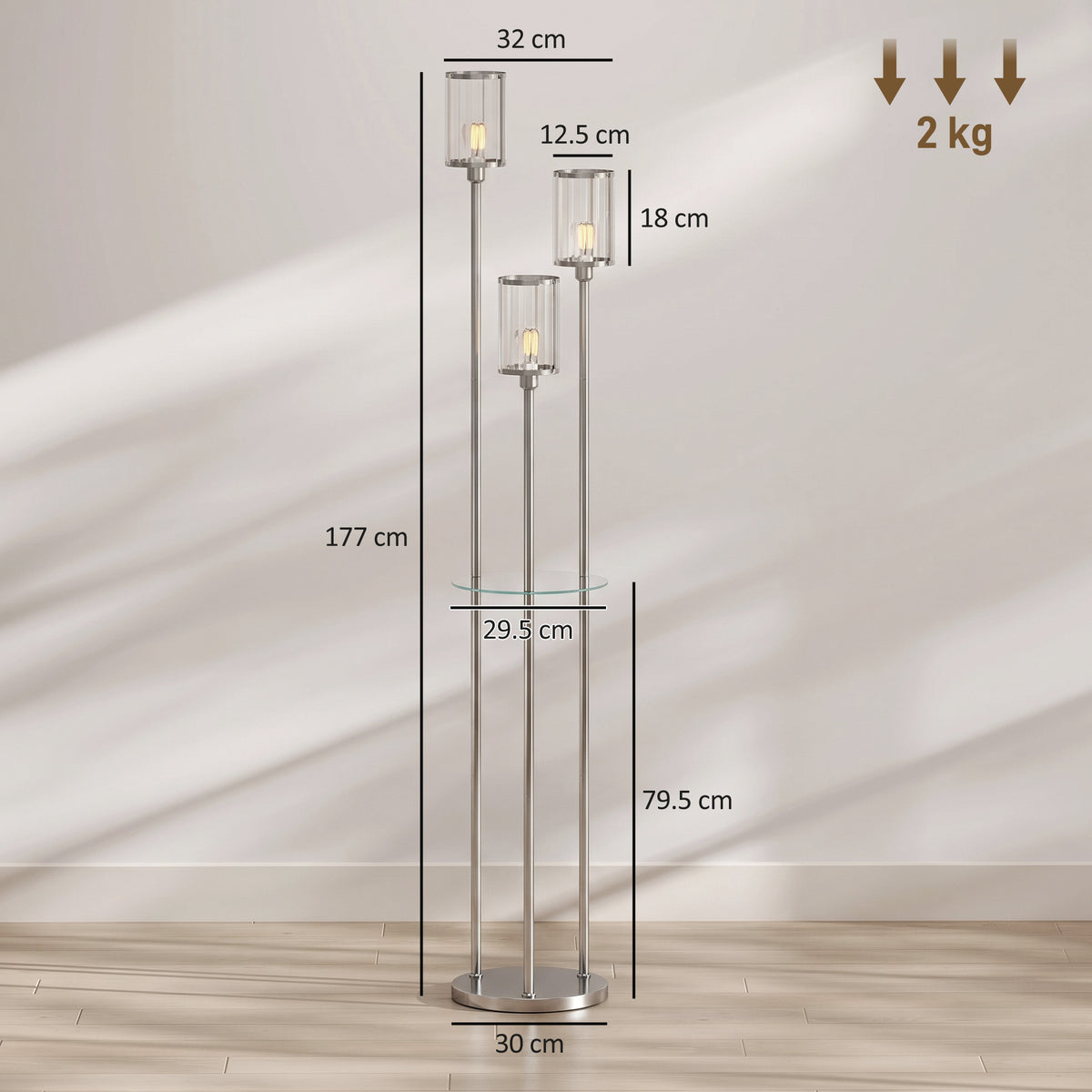 HOMCOM Floor Lamp with Shelves, 3-Light Crystal Standing Lamp with Glass Shades and Foot Switch, Bulbs Not Included, Chrome