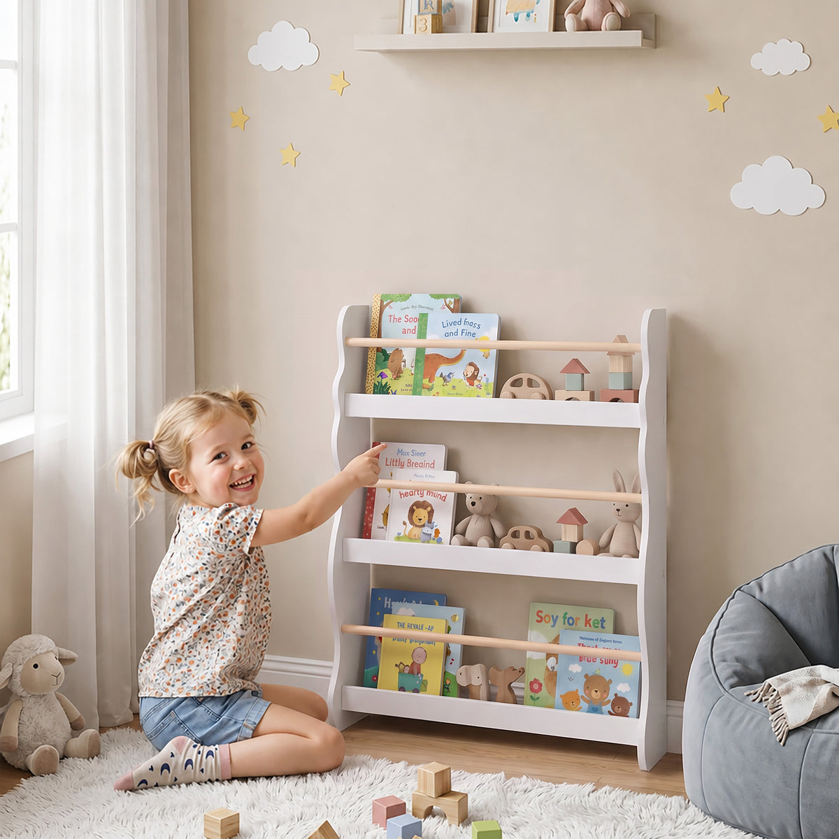 AIYAPLAY 3-Tier Kids Bookshelf Wall Mounted, Kids Bookcase for Playroom, Living Room for Toddlers and Children Aged 3-8, White