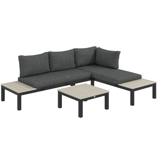 Outsunny 3 Pieces Garden Furniture Set, Aluminium 4 Seater Corner Sofa Set with 2 Loveseats, Coffee Table and Side Trays, Outdoor Conversation Furniture with Cushions for Garden, Dark Grey
