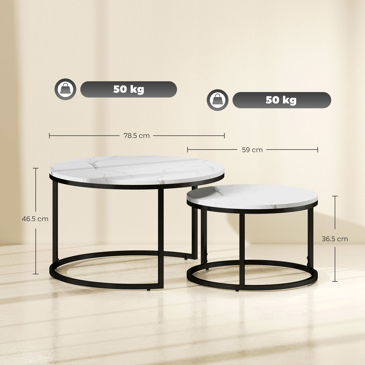 HOMCOM Set of Two Marble-Effect Stacking Tables - Black/White