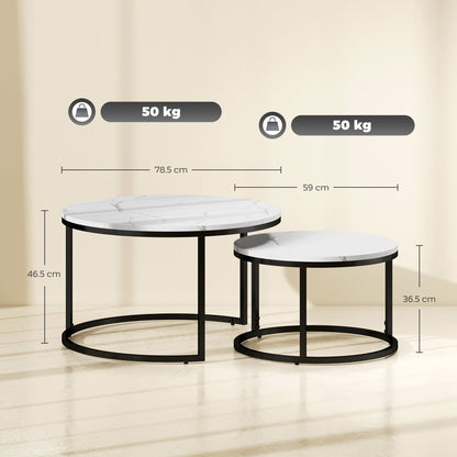 HOMCOM Set of Two Marble-Effect Stacking Tables - Black/White