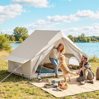 Outsunny Inflatable Tent Waterproof for Camping Blow Up Tent with Pump Carry Bag for 2-4 Person, Beige