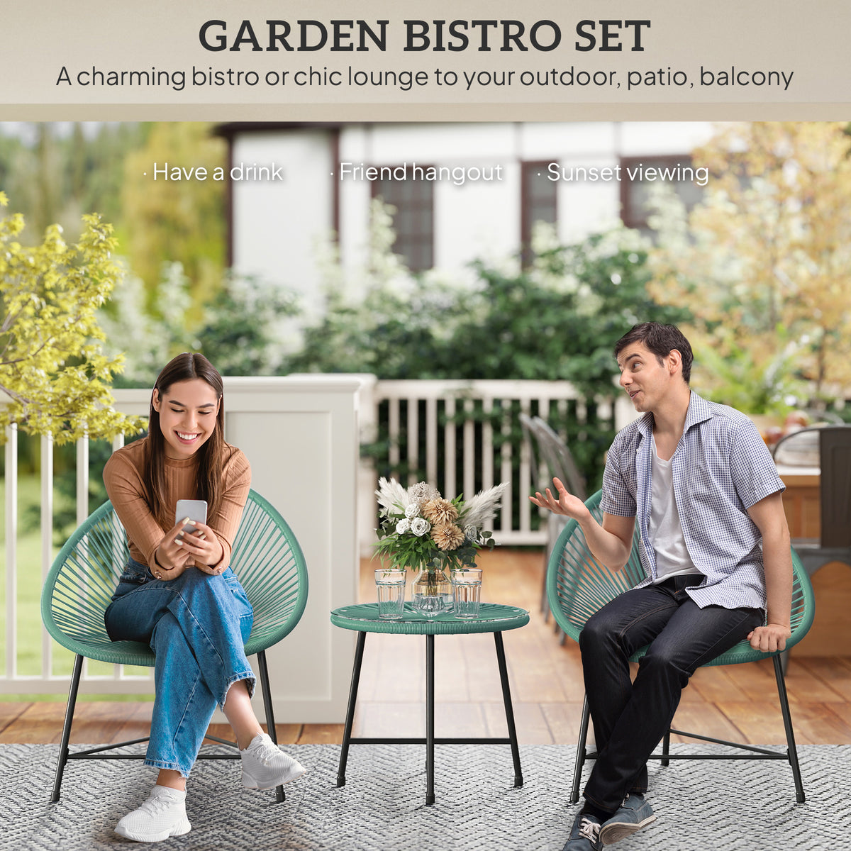 Outsunny Rattan Bistro Set with Acapulco Chairs and Glass Table, Green