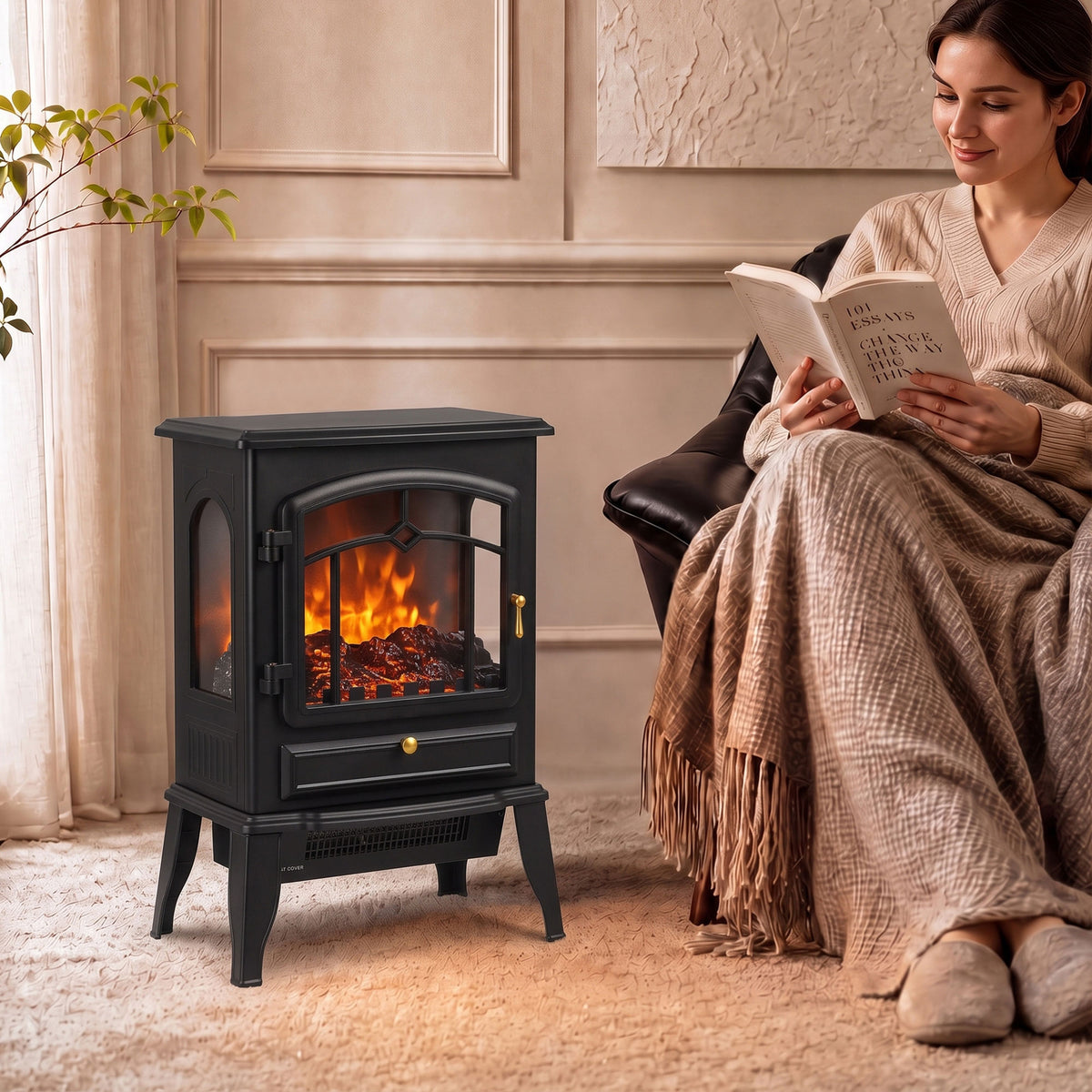 HOMCOM Electric Fireplace Stove, 1000/2000W 3-Sided Freestanding Fireplace Heater with 3D Flame Log, Thermostat, Black