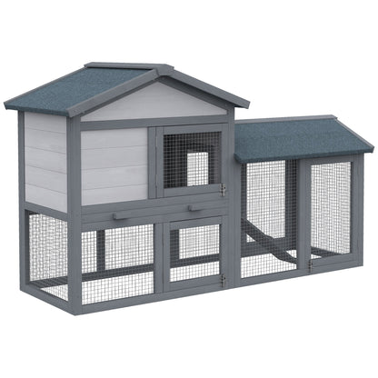 PawHut Wooden Rabbit Hutch Outdoor, Double Tier with Water-Resistant Roof, Ramp 147 x 54 x 84 cm, Grey