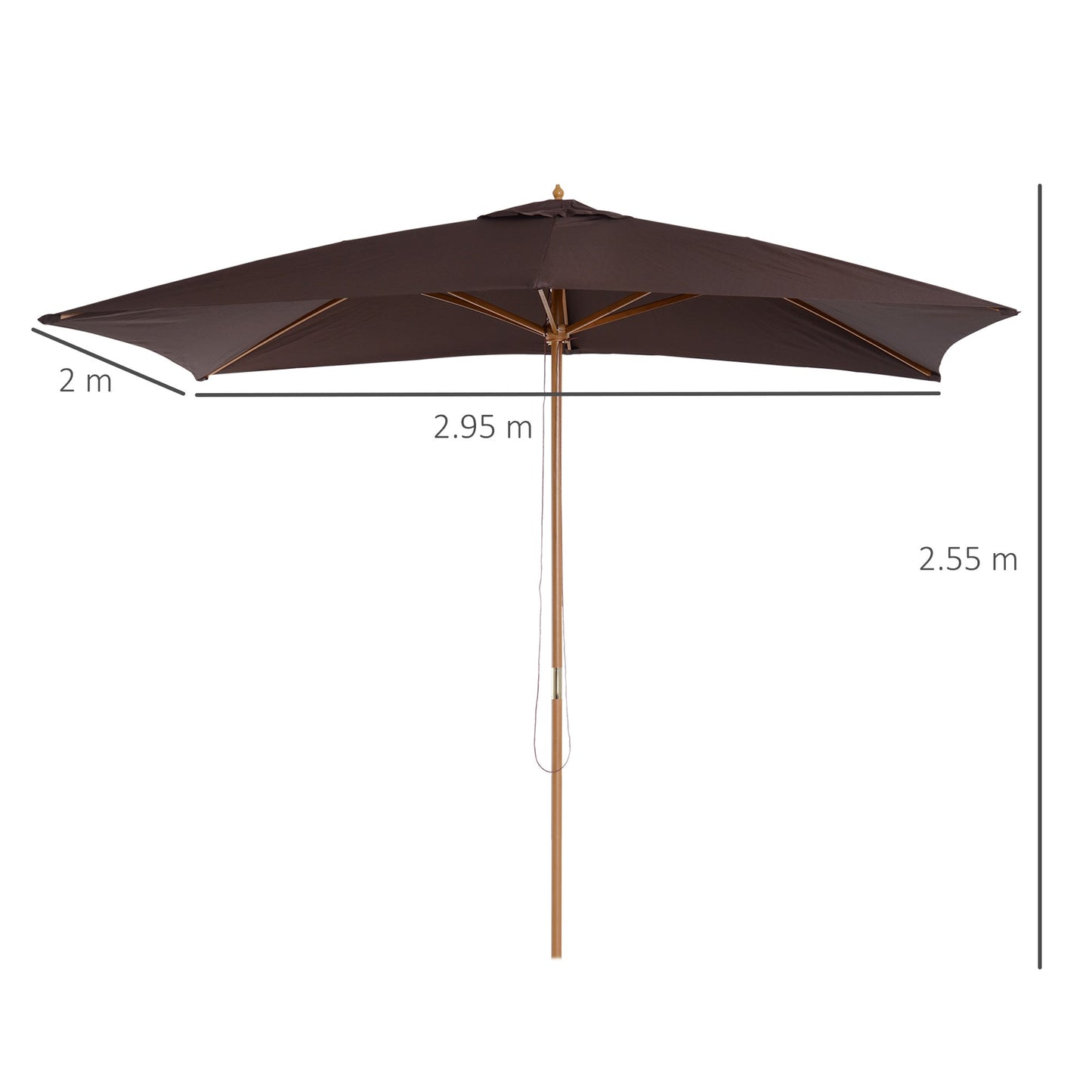Outsunny 2 x 3m Wooden Garden Parasol Umbrella Outdoor Sun Shade Canopy, Dark Coffee