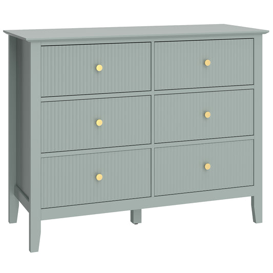 HOMCOM Fluted Dresser, 6 Drawer Chest of Drawers for Bedroom, Living Room, Hallway, Closet, Green