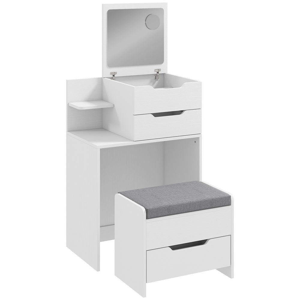 HOMCOM Vanity Desk Flip Top Hidden Mirror Vanity Rolling Stool Open Shelf White Wood Effect