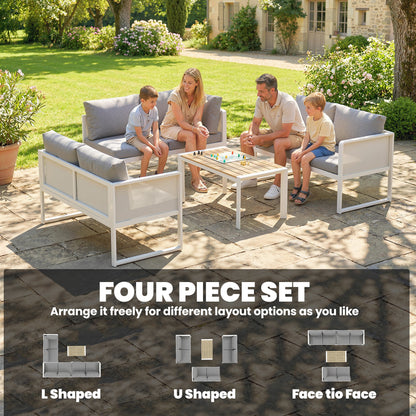 Outsunny 6 Seater Metal Garden Furniture Corner Sofa Set with 3 Loveseats, Faux Wood Table, Texteline Seat, Cushions, White