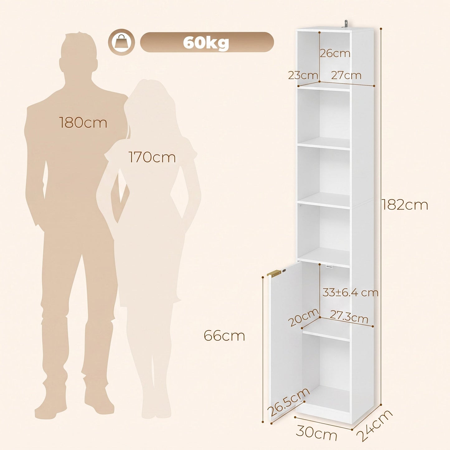 HOMCOM Bookcase Adjustable Shelf Bookshelf Anti-Tip Hardware 6-Tier Storage Cabinet White Wood Effect