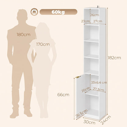 HOMCOM Bookcase Adjustable Shelf Bookshelf Anti-Tip Hardware 6-Tier Storage Cabinet White Wood Effect