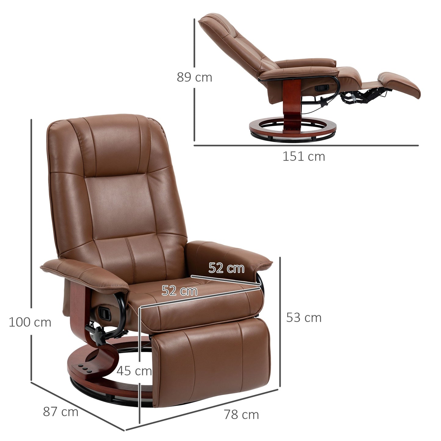 HOMCOM Faux Leather Armchair, with 145Â° Reclining Back and Footrest - Brown