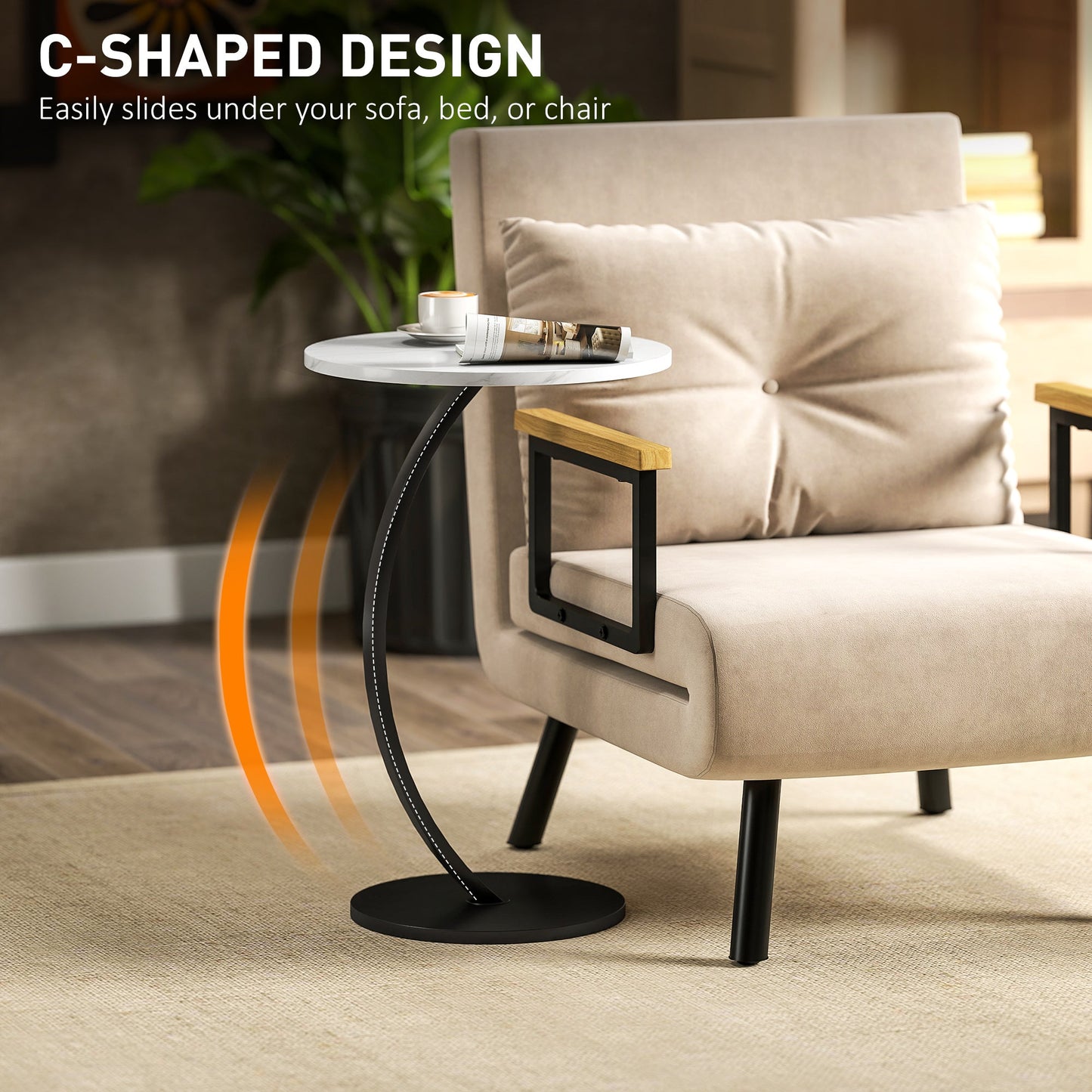 HOMCOM C Shaped Side Table, Round Bedside Table with Marble Effect Top, Modern Coffee Table Sofa End Table with Metal Frame for Living Room Bedroom Office, White