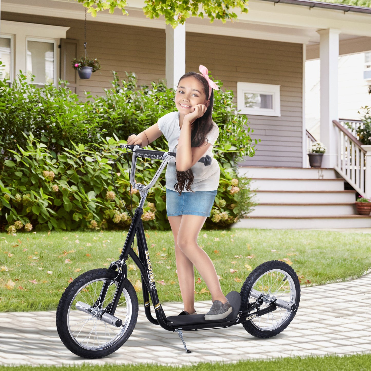 HOMCOM Stunt Scooter, Kids Scooter with 16" Big Wheels, Adjustable Height, Dual Brakes, for Ages 5+ Years, Black