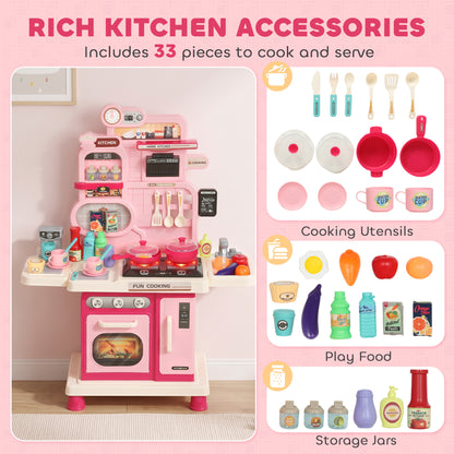 AIYAPLAY Play Kitchen, 33 PCS Kids Kitchen Playset with Lights, Sounds, Storage, Circulating Water Sink for 3-6 Years, Pink