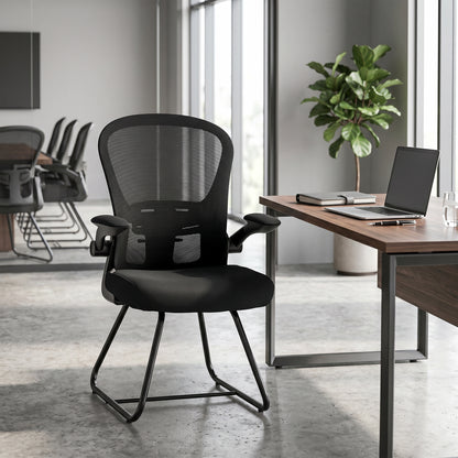 HOMCOM Reception Chair, Conference Meeting Office Chair with Flip-up Armrest, Mesh Backrest, Lumbar Support and Metal Base