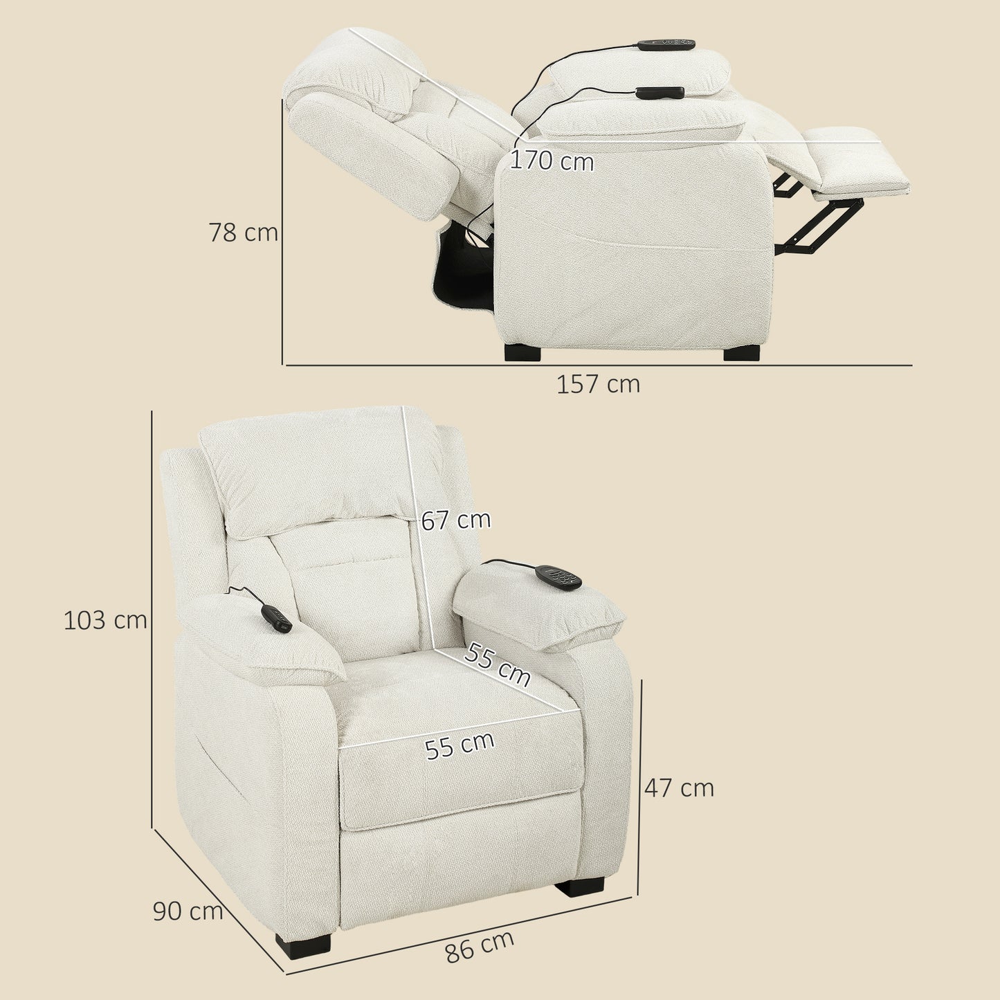 HOMCOM Power Recliner Armchair with Massage and Heat, Electric Reclining Chair with Wide Spring Seat, Cream White
