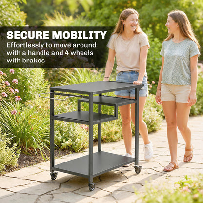 Outsunny Outdoor Grill Cart, Three-Tier Pizza Oven Stand  with Steel Tabletop, Hooks, Rubbish Bag Holder, Wheels, Black