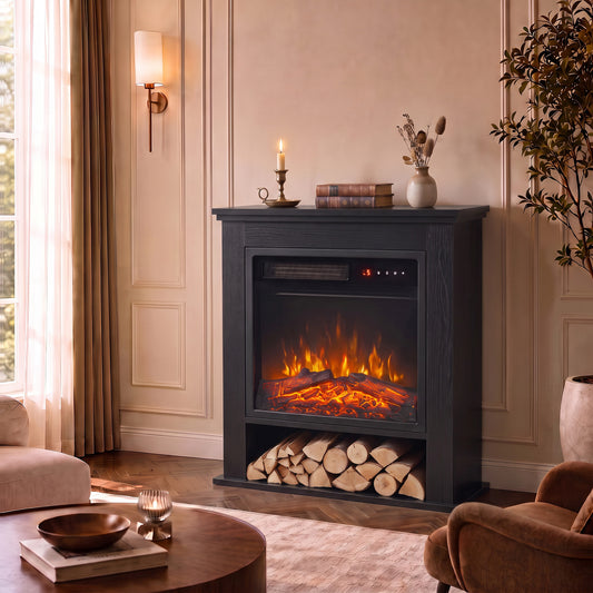 HOMCOM Electric Fireplace Suite with Shelf, 25" 1800W Electric Fire and Surround with LED Flame, 5 Brightness, Remote, Black