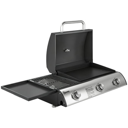 Outsunny 3 Burner Portable Gas Plancha BBQ Grill, 8.1 kW Outdoor Tabletop Gas Barbecue Grill with Griddle, Thermometer,, Black