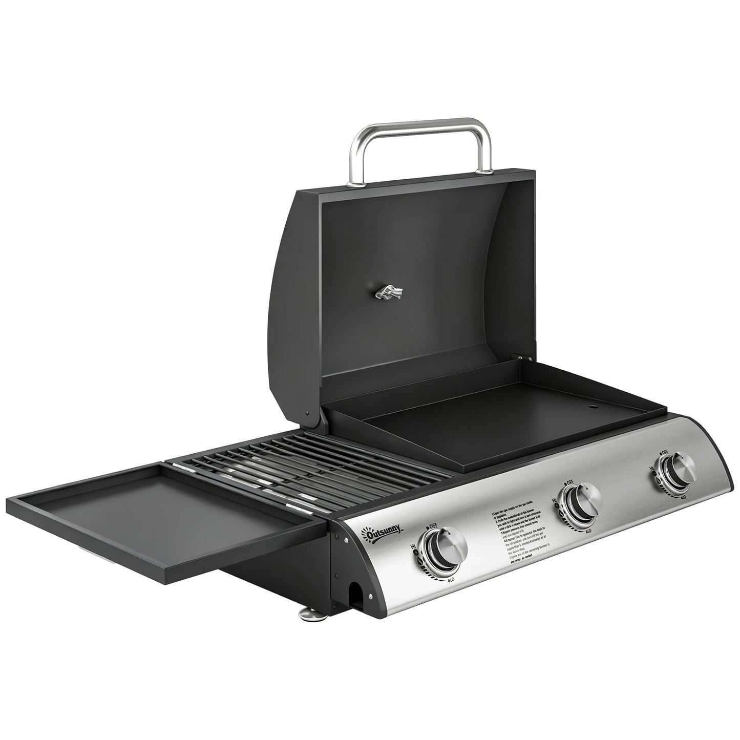 Outsunny 3 Burner Portable Gas Plancha BBQ Grill, 8.1 kW Outdoor Tabletop Gas Barbecue Grill with Griddle, Thermometer,, Black