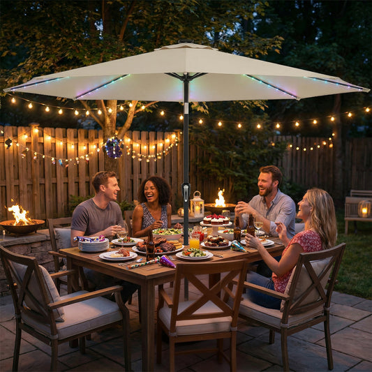 Outsunny 3 m Garden Parasol Umbrella with 112 Solar Powered LED Lights, Patio Umbrella with Crank Handle, Beige