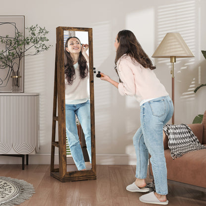 HOMCOM 360  Swivel Jewellery Cabinet, Free Standing Full Length Mirror with Storage, Lockable Jewellery Organiser with Built-in Makeup Mirror and Storage Shelves for Bedroom, Rustic Brown