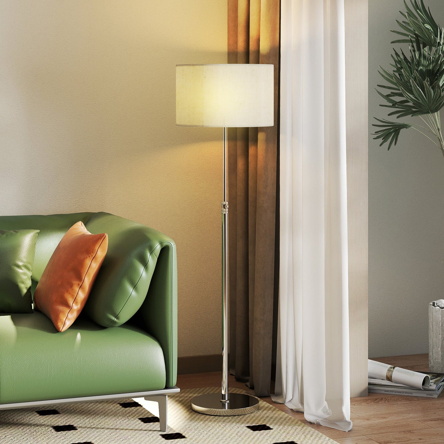 HOMCOM Floor Lamp with Remote, Height Adjustable Standing Lamp with Linen Shade, Dimmable with 3000K-6000K Adjustable Colour Temperatures, Foot Switch for Living Room Bedroom Office, Silver Tone