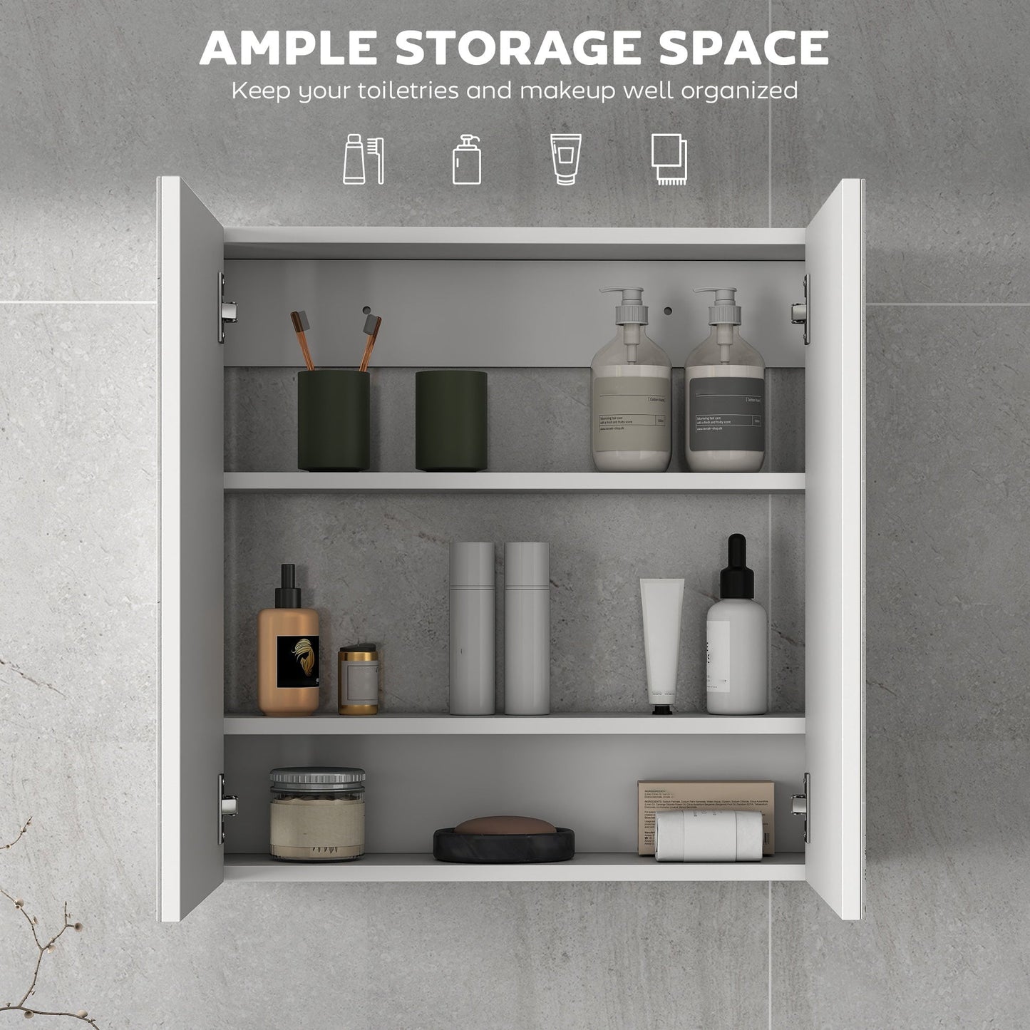 HOMCOM 60 x 15 cm Double Door Bathroom Mirror Cabinet - White