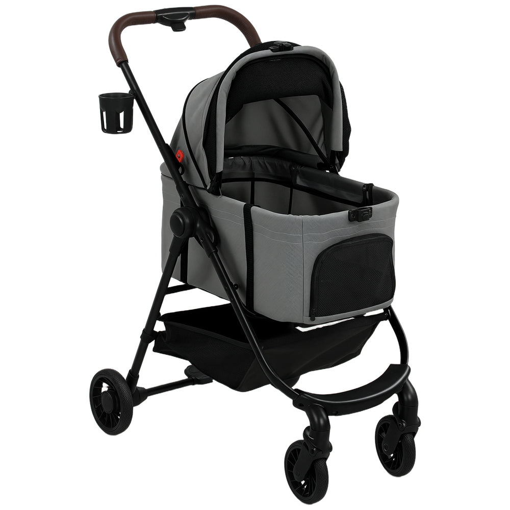 PawHut Dog Stroller, 3 in 1 Foldable Pet Stroller for Small Puppy Cat with Detachable Travel Carrier, Storage Basket, Grey