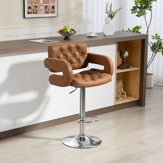 HOMCOM PU Leather Upholstered Swivel Bar Stool, Height Adjustable with Back, Armrest, Footrest, Brown
