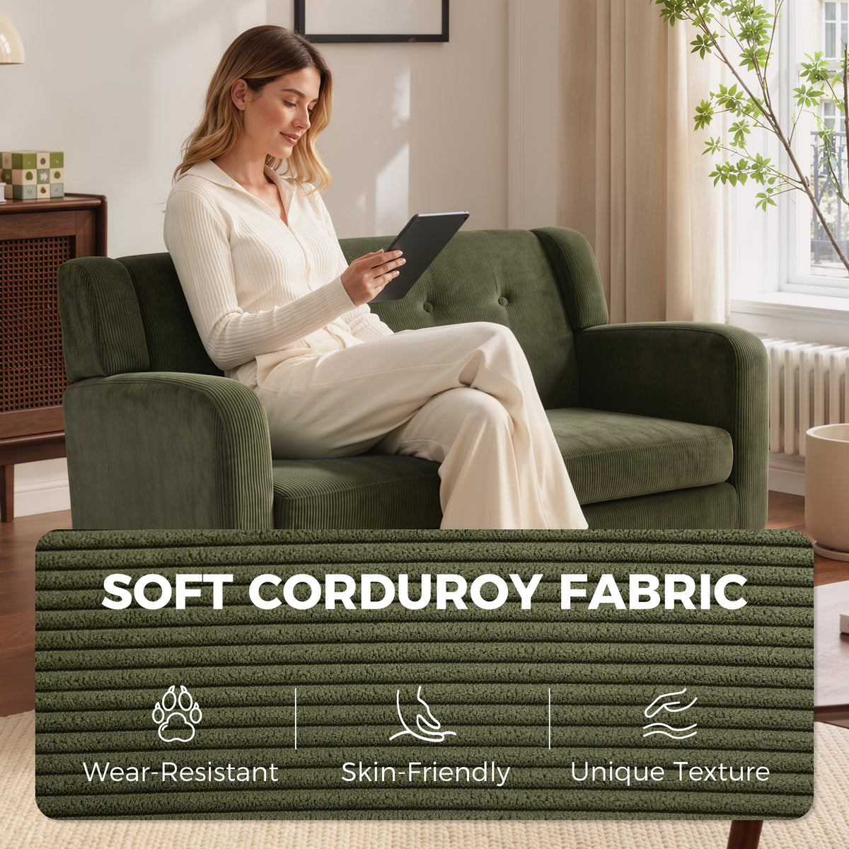 HOMCOM 2 Seater Sofa, 118 cm Corduroy Small Loveseat with Spring Cushion, Wood Legs for Small Space, Living Room, Dark Green