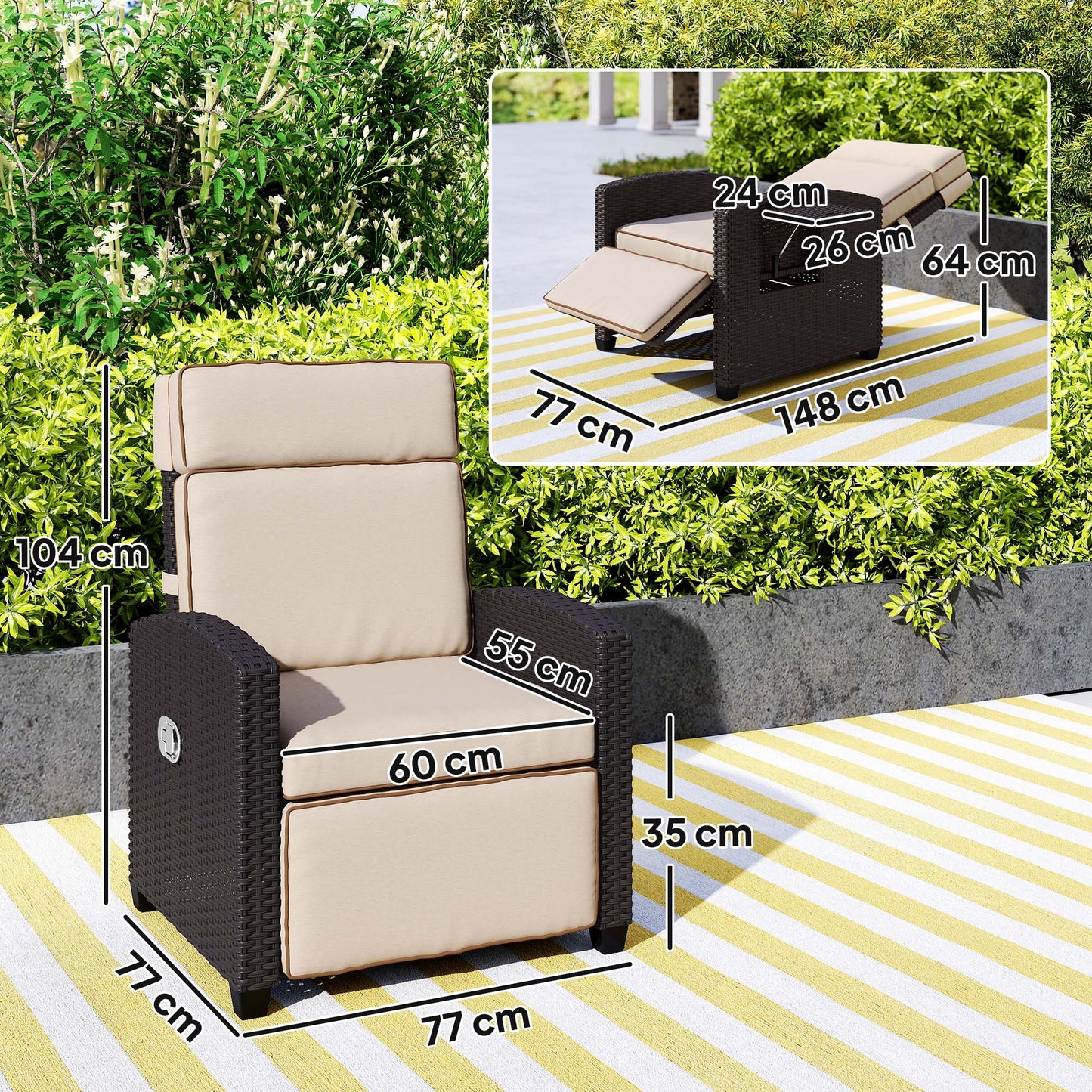 Outsunny 145Â° Reclining Rattan Armchair, with Footrest - Brown/Khaki