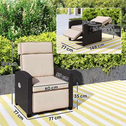 Outsunny 145 Reclining Rattan Armchair, with Footrest - Brown/Khaki