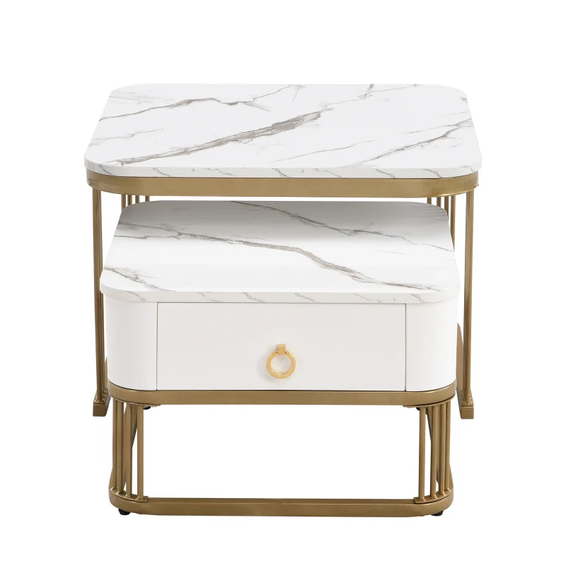 Nestable Coffee Table Set of Two with High Gloss Marble Top, Gold Accents, and Drawer, Perfect Side Tables for Living Room, 60x60x45 cm + 50x50x34 cm, White