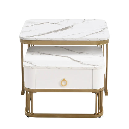 Nestable Coffee Table Set of Two with High Gloss Marble Top, Gold Accents, and Drawer, Perfect Side Tables for Living Room, 60x60x45 cm + 50x50x34 cm, White