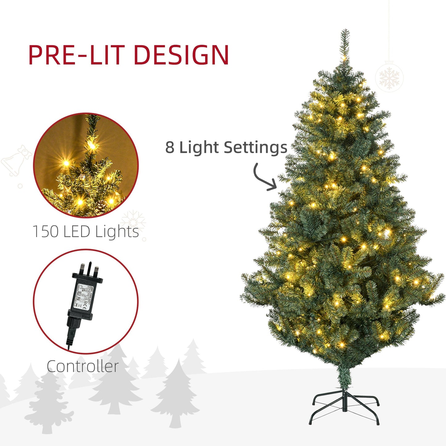 HOMCOM 6' Artificial Prelit Christmas Trees Holiday D√É¬©cor with Warm White LED Lights, Decoration, Banner, Tag, Ball
