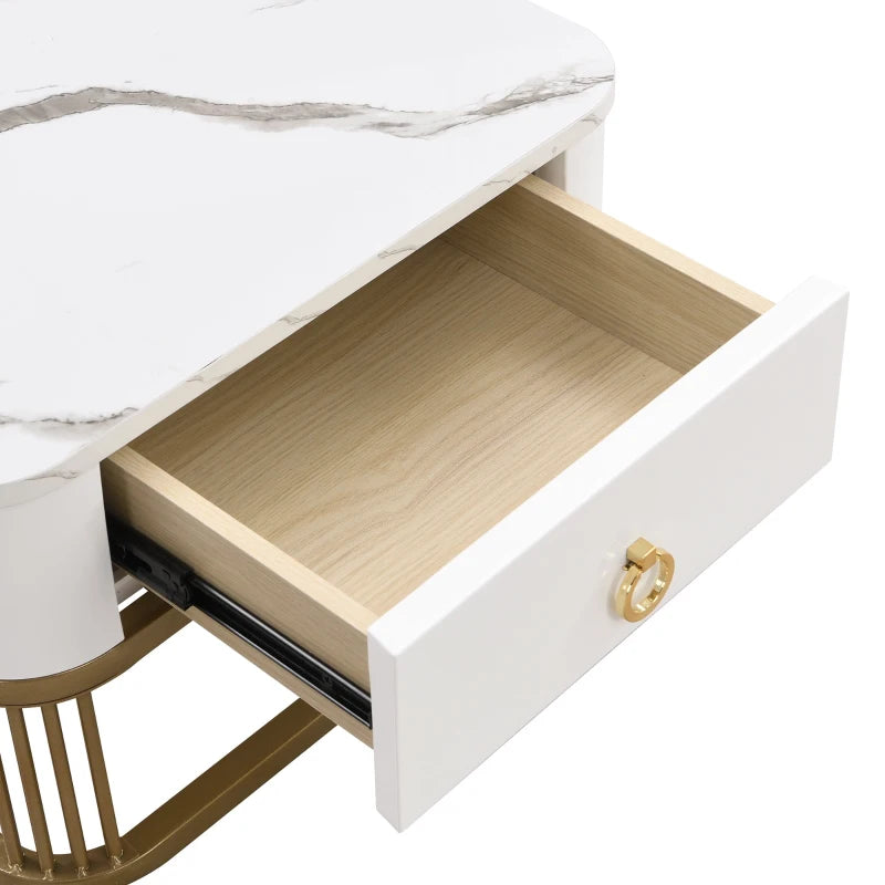 Nestable Coffee Table Set of Two with High Gloss Marble Top, Gold Accents, and Drawer, Perfect Side Tables for Living Room, 60x60x45 cm + 50x50x34 cm, White