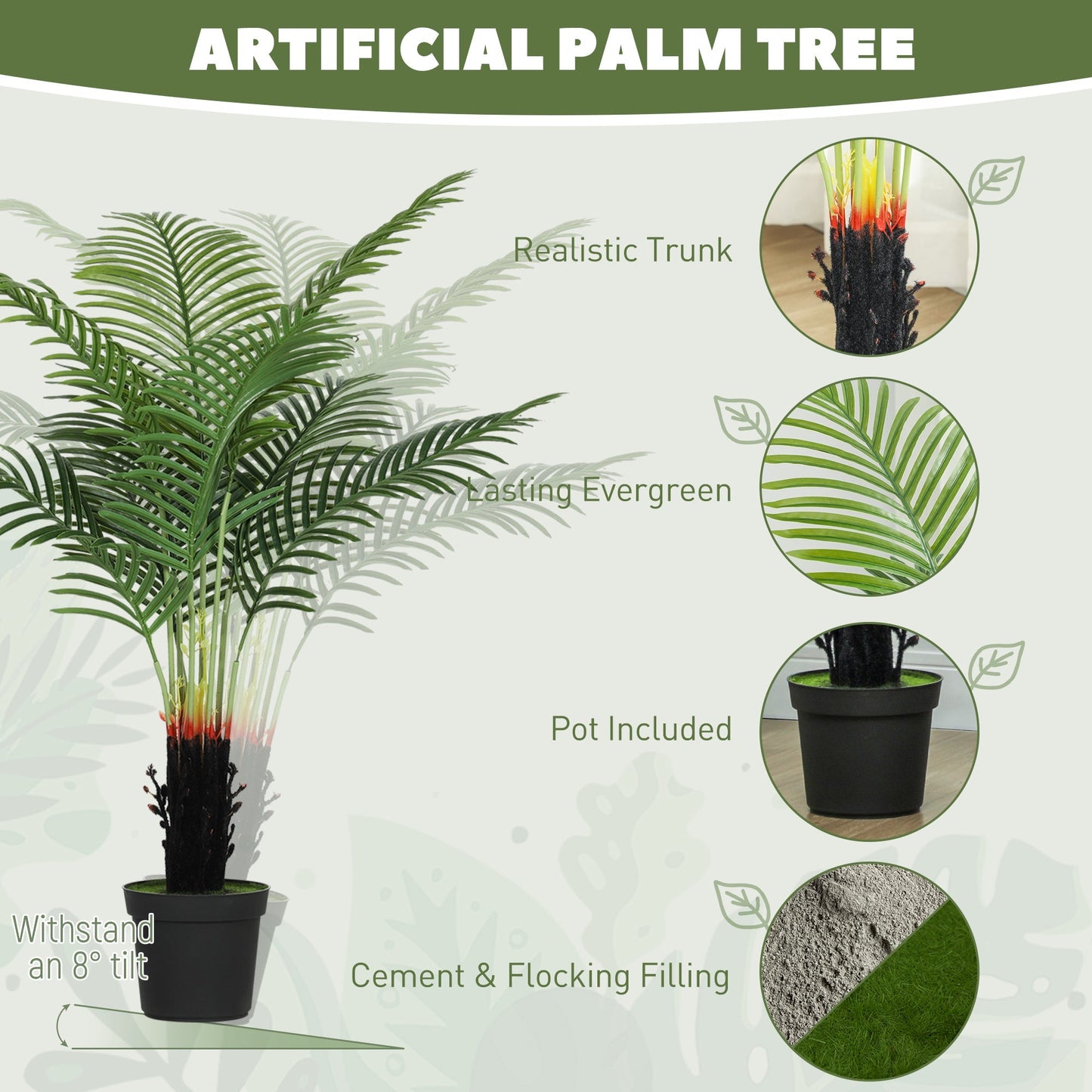 HOMCOM 120cm Artificial Areca Palm Tree with 9 PE Leaves, Decorative Artificial Plant with Plastic Pot and Flocked Soil, Fake Plant for Home Office Decor, Green