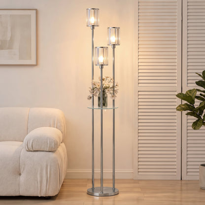 HOMCOM Floor Lamp with Shelves, 3-Light Crystal Standing Lamp with Glass Shades and Foot Switch, Bulbs Not Included, Chrome