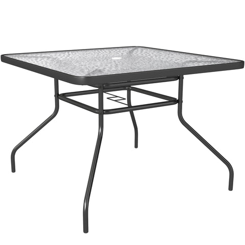 Outsunny Square Garden Dining Table with Tempered Glass Top & Umbrella Hole, 100 x 100 cm