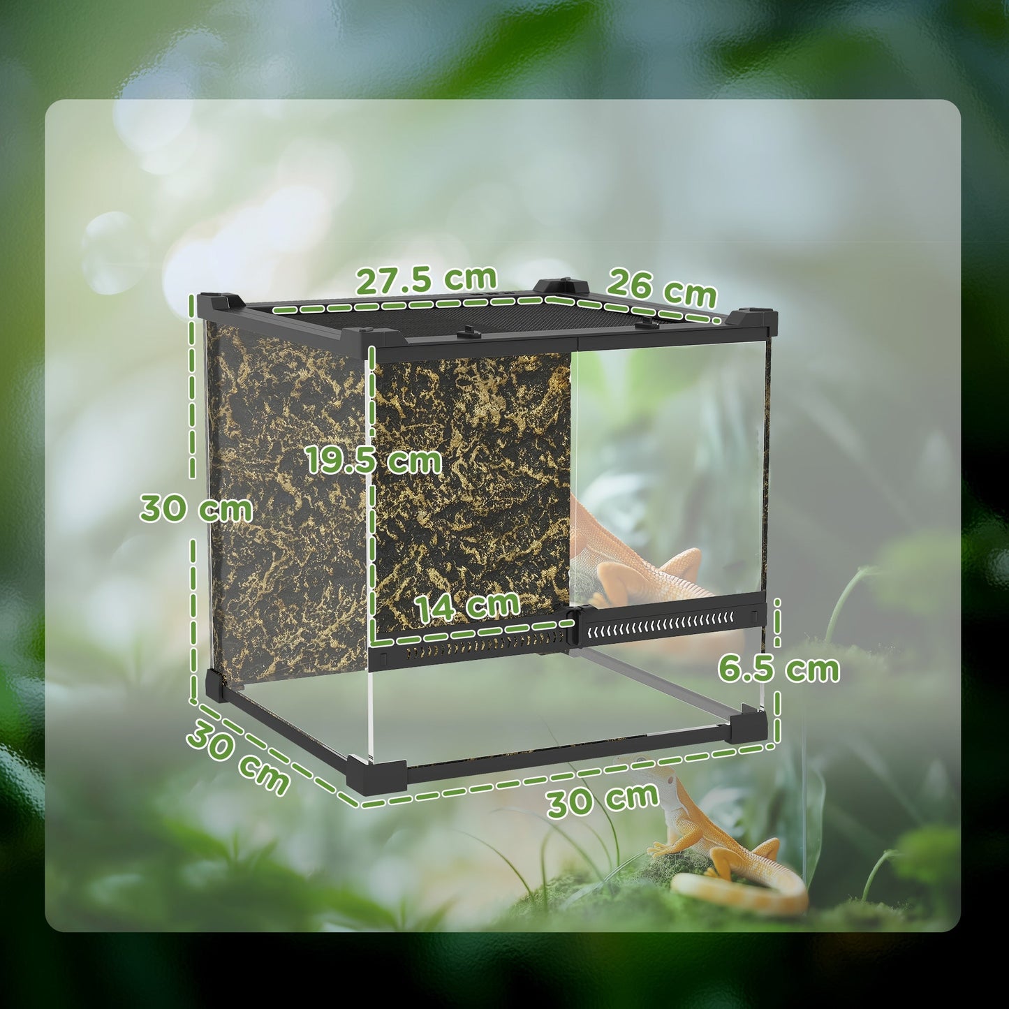 PawHut Reptile Glass Terrarium with Stone Background, Front Ventilation, Escape-Proof Knob Lock, 30 x 30 x 30 cm, Black