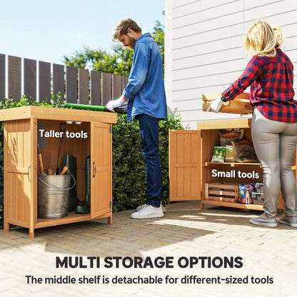 Outsunny Small Shed, Wooden Garden Shed with Openable Hinged Roof and Removable Shelf, Outdoor Tool Storage Cabinet Chest with Double Doors, 74 x 43 x 88 cm, Natural Wood Finish