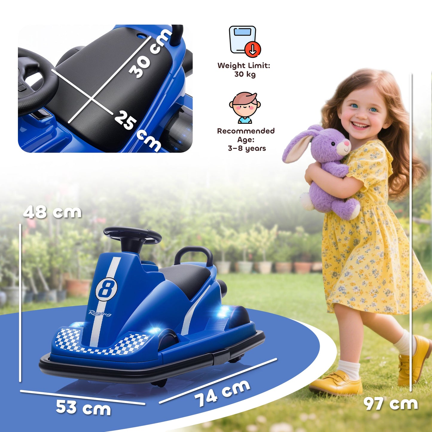 AIYAPLAY Kids Bumper Car, 360Â° Rotation Spin Electric Waltzer Car with LED Lights, Music for Ages 3-8 Years Old, Blue