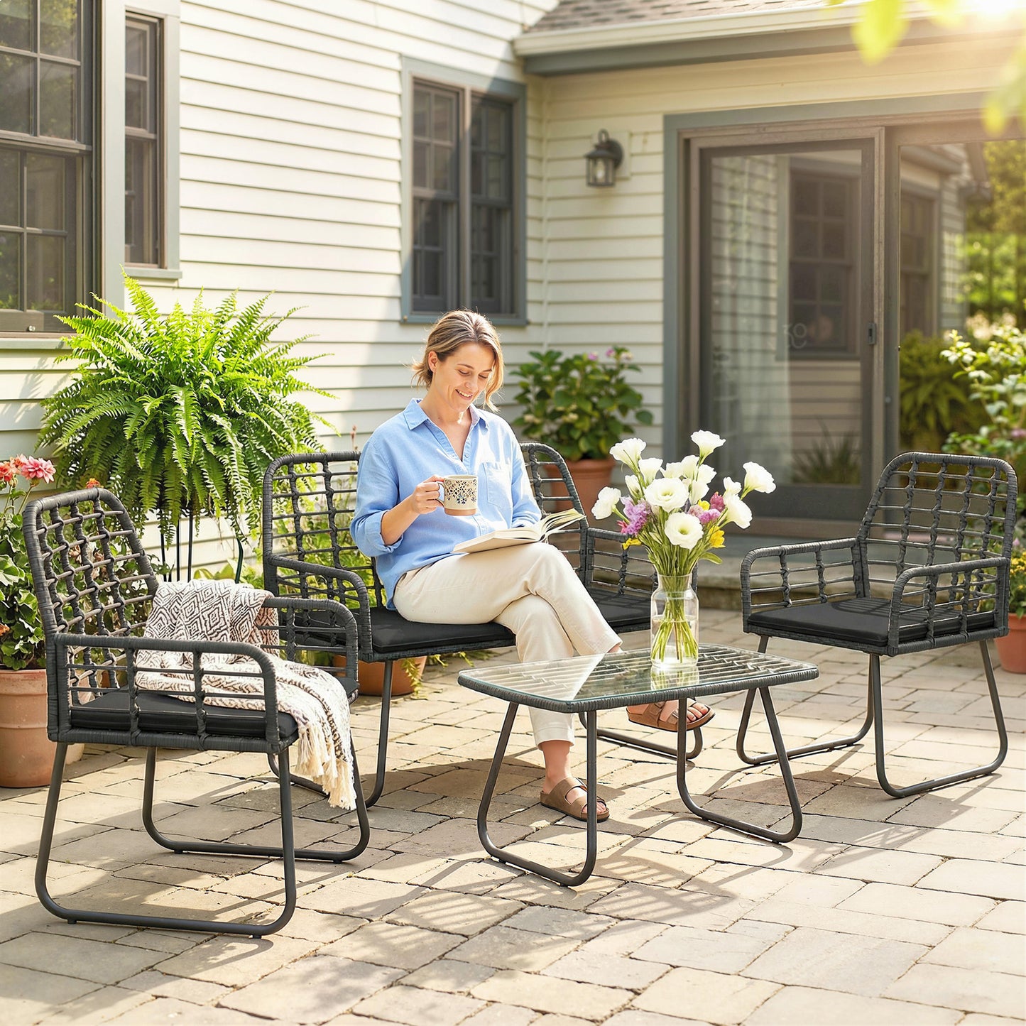 Outsunny 4 Piece Rattan Garden Furniture Set, Outdoor Patio Furniture with Loveseat, Armchairs and Coffee Table