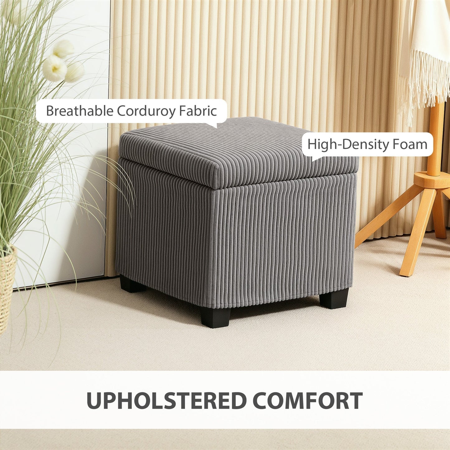 HOMCOM Storage Ottoman Bench, Corduroy Footstool with Removable Lid and Legs, 40cm Storage Chest Box for Living Room, Bedroom, Hallway, Grey
