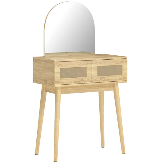 HOMCOM Dressing Table, Compact Vanity Desk with Mirror and 2 Drawers, Natural Wood Finish