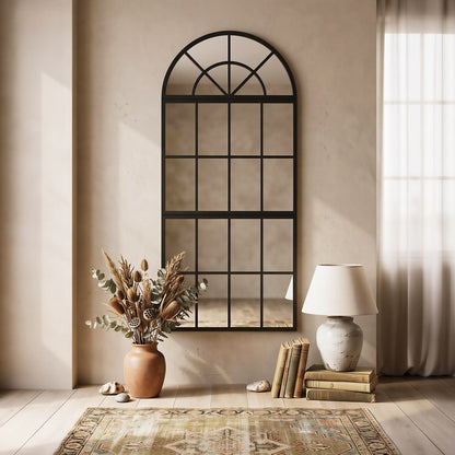 HOMCOM Large Arched Wall Mirror with Metal Grid, 3-Piece Split Window Mirrors, 120 x 54 cm, Black