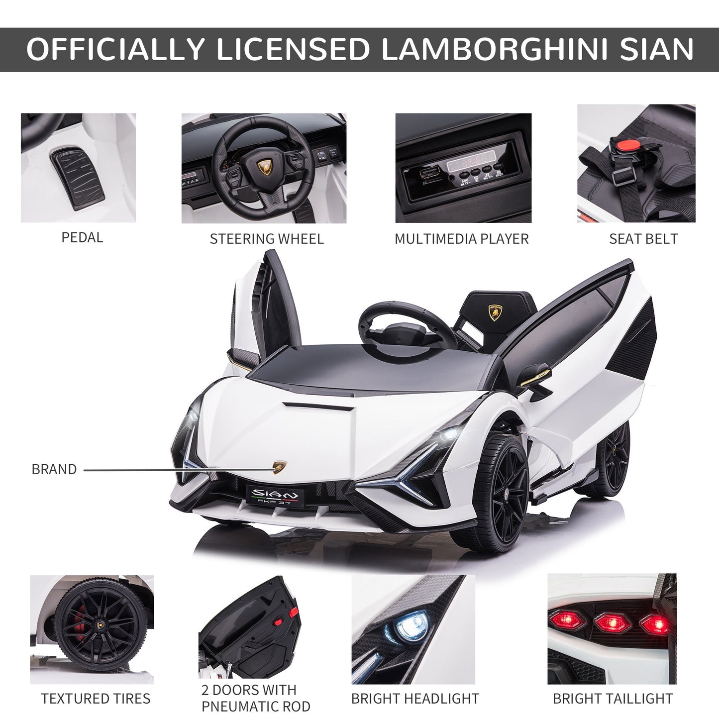 12V Battery-powered Kids Electric Ride On Car Lamborghini SIAN Toy with Parental Remote Control Lights MP3 for 3-5 Years Old White